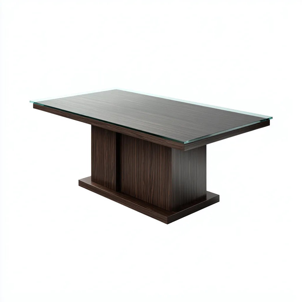 Tavolo da pranzo rettangolare vetro e legno 180×90×76 cm - marrone scuro trasparente - base centrale moderna