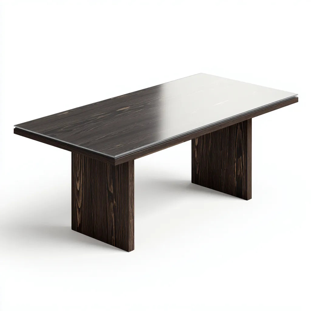 Tavolo da pranzo in legno e vetro 200×95×75 cm - marrone scuro trasparente - sostegno a pannelli lineari