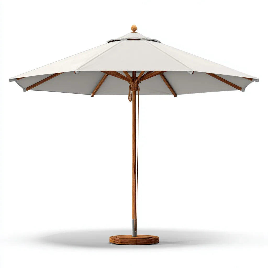 Ombrellone da sole per esterni 310×310×265 cm - bianco marrone - struttura centrale in legno con base circolare